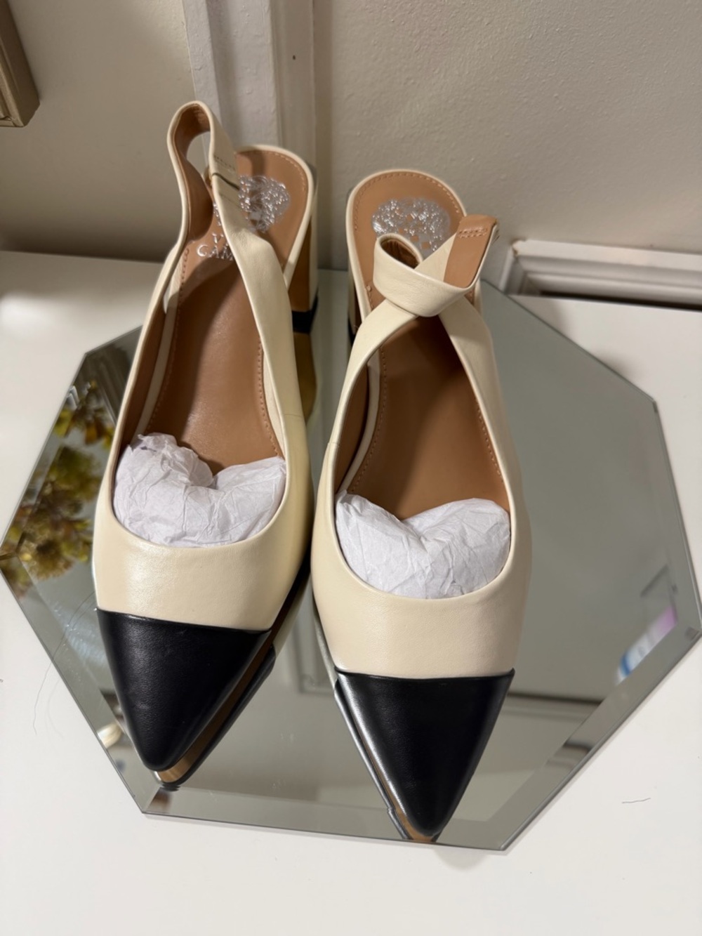 Vince Camuto Cream and Black Pointed Toe Slingback Heels